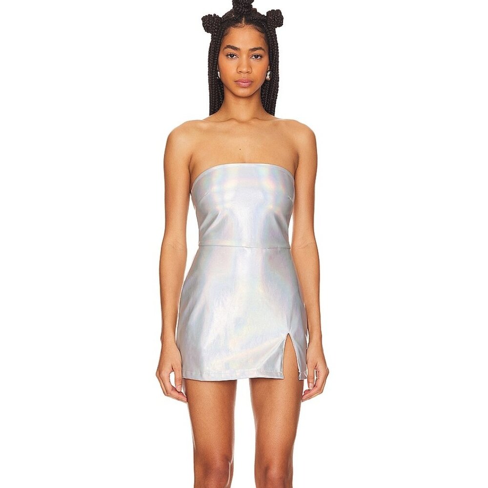New AFRM Braylon mini romper dress iridescent strapless metallic oil slick rave